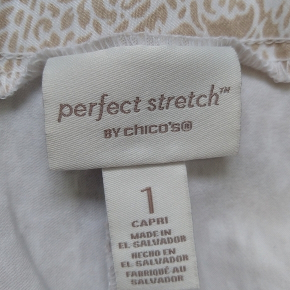 Chico's Perfect Stretch White Tan Color Puzzle Josie Slim Capri Pants Pull-On - Picture 7 of 10